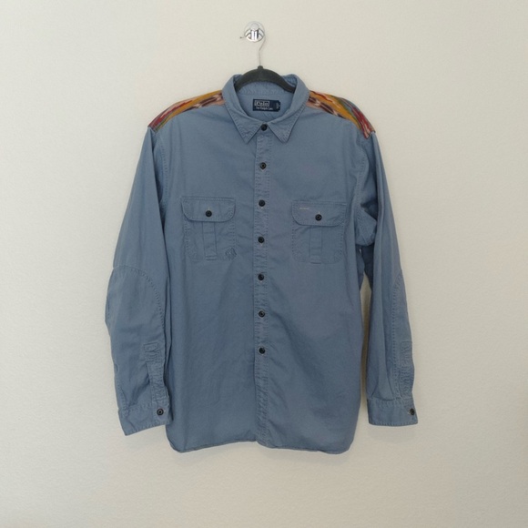 Vintage 90’s POLO Ralph Lauren Men’s Chambray Denim Aztec Button up - Picture 1 of 11
